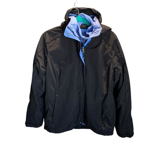 LL Bean Womens Black Blue Fleece Lined Hooded 3 in 1 Full Zip Jacket L Outdoor - Picture 1 of 10